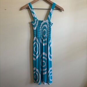 Eros Turquoise White Swirl Print Smocked Midi Sun Dress Size S/M